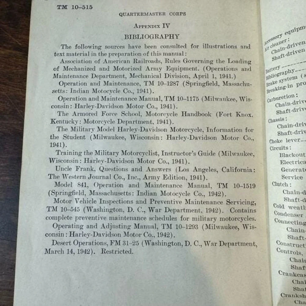 1942‎ TM 10-515 Motorcyle US Military Manual Harley Davidson Indian motorcycle